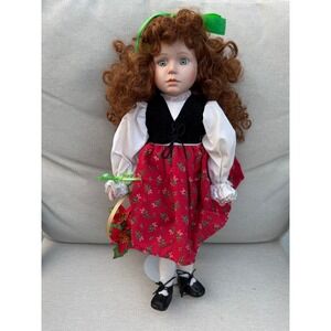 VTG Dynasty Doll Collection Christmas Redhead Porcelain Doll Poinsettia Basket